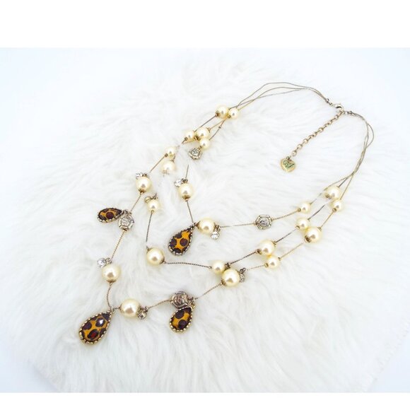 Betsey Johnson Triple Strand Necklace Faux Pearls Animal Print Rhinestone - Picture 2 of 9